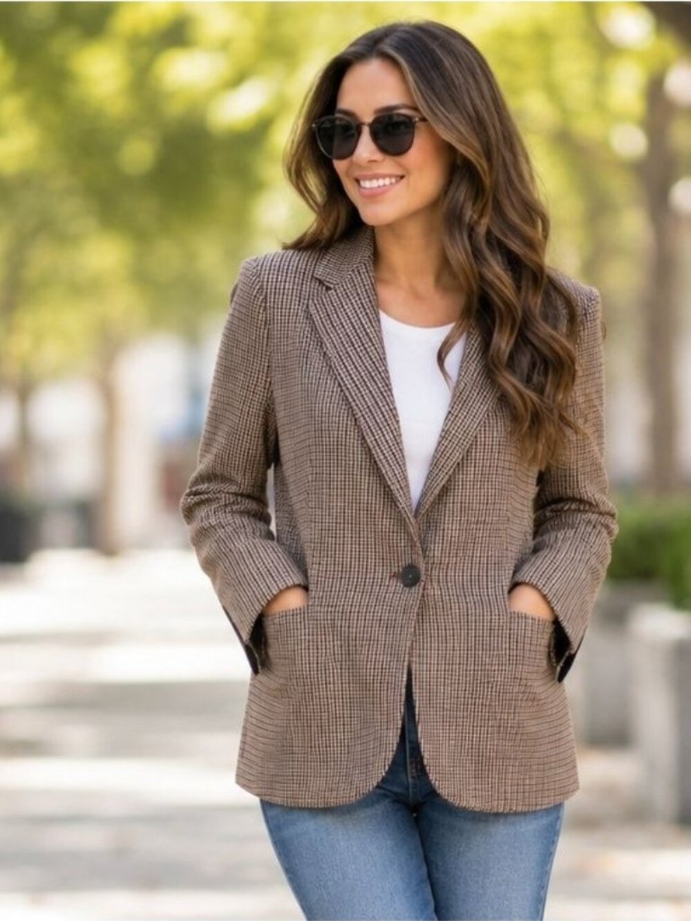 ZARA BASIC Single Breasted Blazer Plaid Micro Check Elbow Patches Preppy Coat Lg